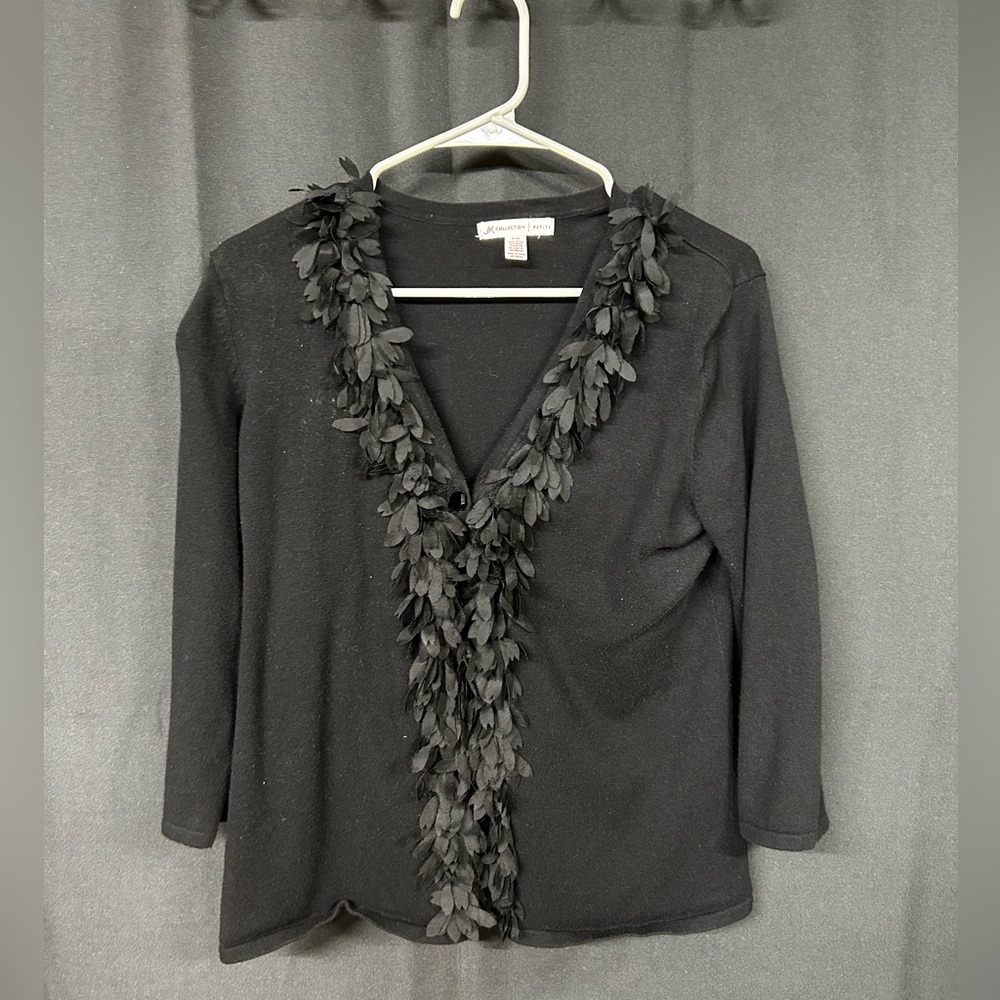 JM Collection Black Cardigan with Leaf Detail